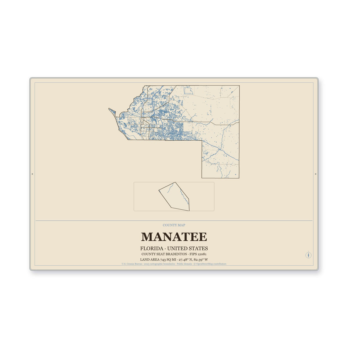 Manatee County, Florida Map Aluminum Sign in Heritage Nautical style