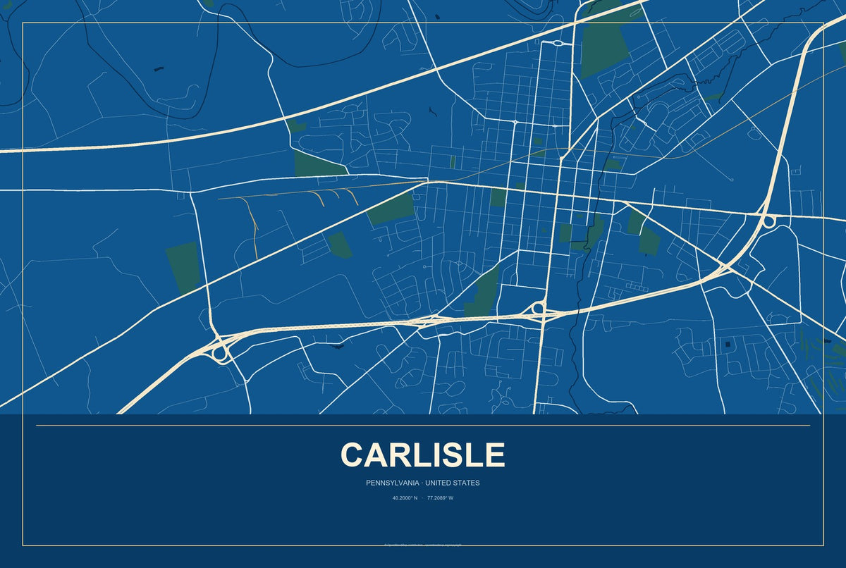 Carlisle, Pennsylvania City Map Aluminum Sign in Harbor Cobalt style