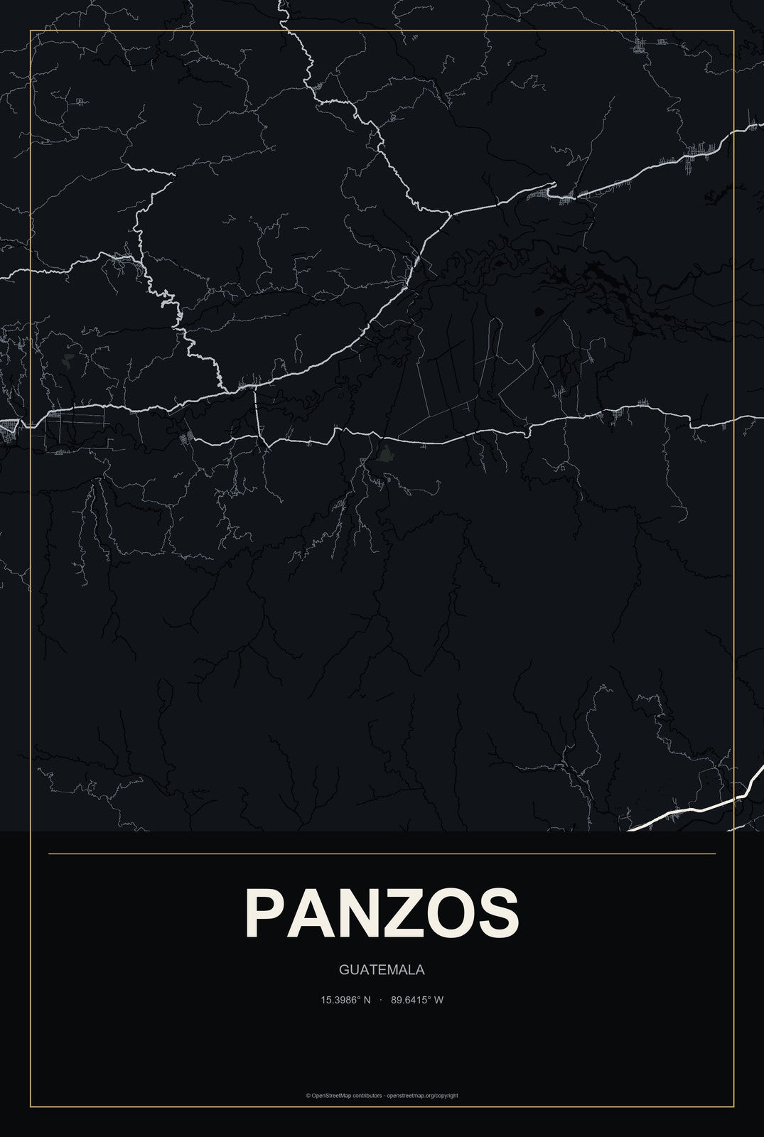 Panzos, Guatemala City Map Aluminum Sign in Metropolitan Noir style