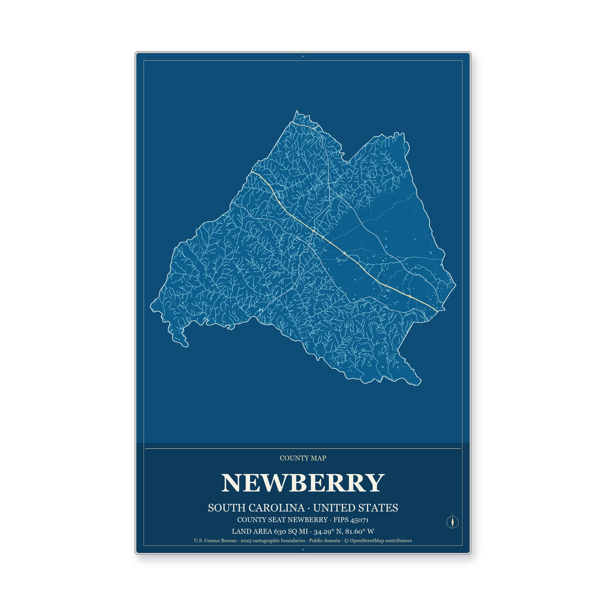 Newberry County, South Carolina Map Aluminum Sign in Harbor Cobalt style