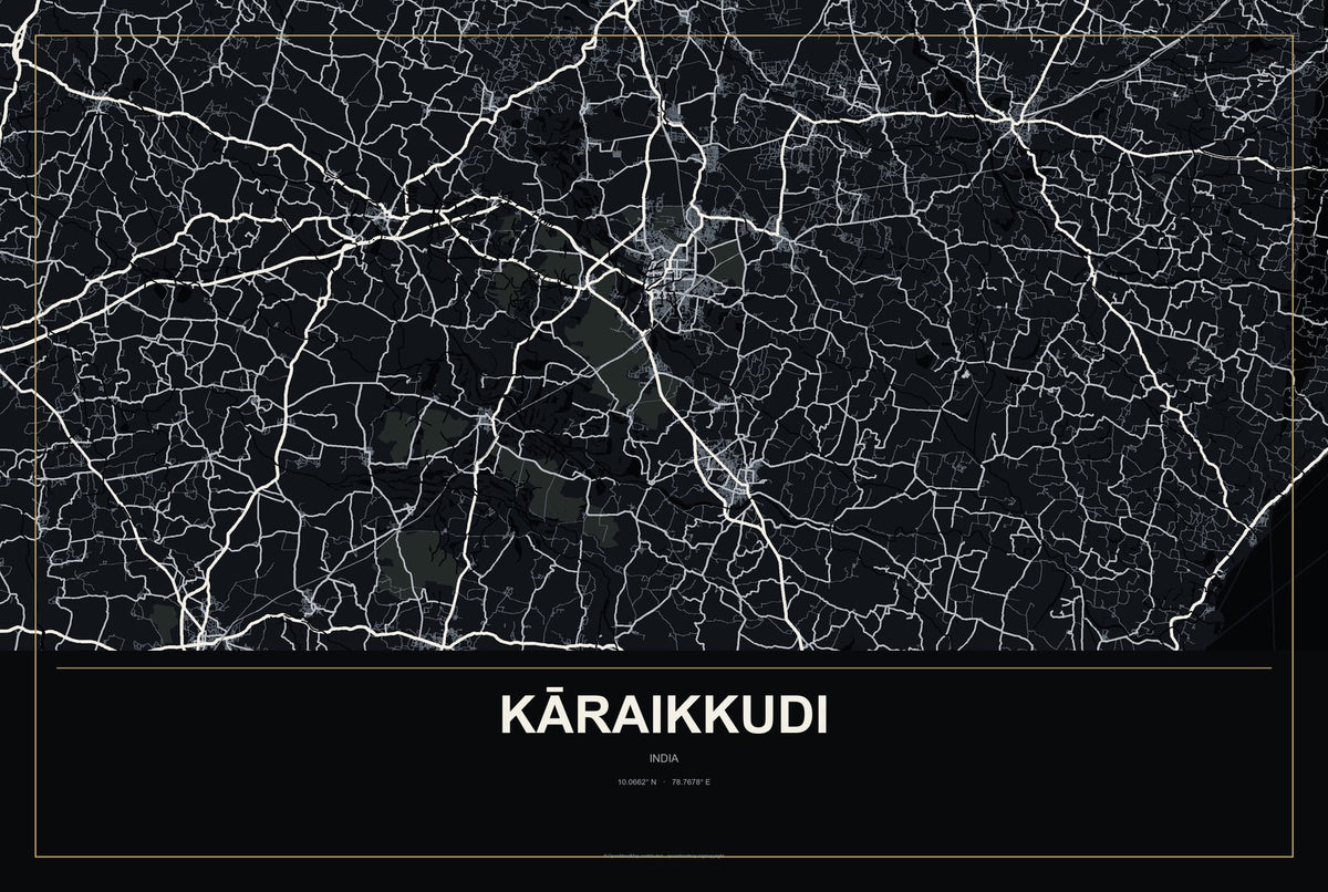 Kāraikkudi, India City Map Aluminum Sign in Metropolitan Noir style