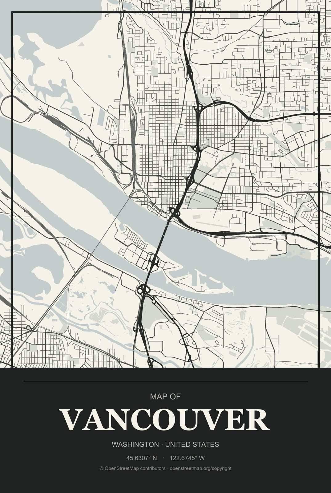 Vancouver, Washington City Map Aluminum Sign in Museum Plaque style