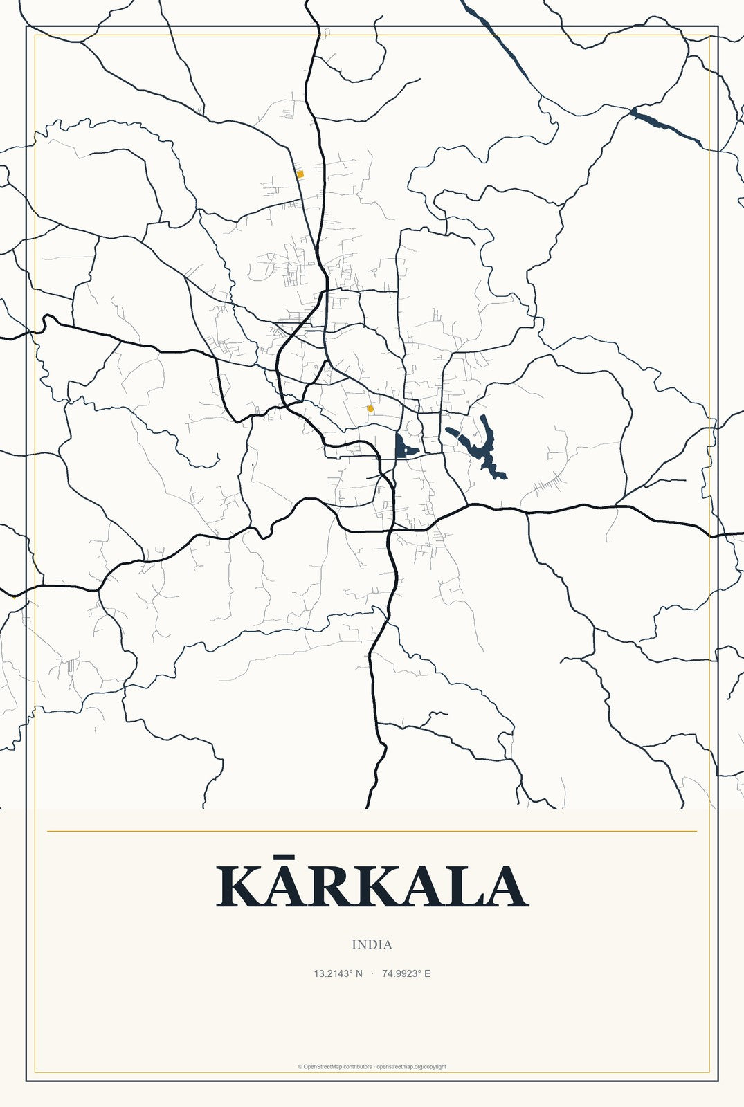 Kārkala, India City Map Aluminum Sign in Citrine Modern style