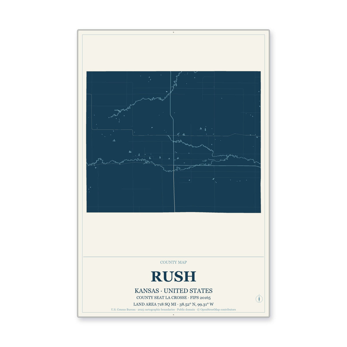 Rush County, Kansas Map Aluminum Sign in Coastal Cutout style