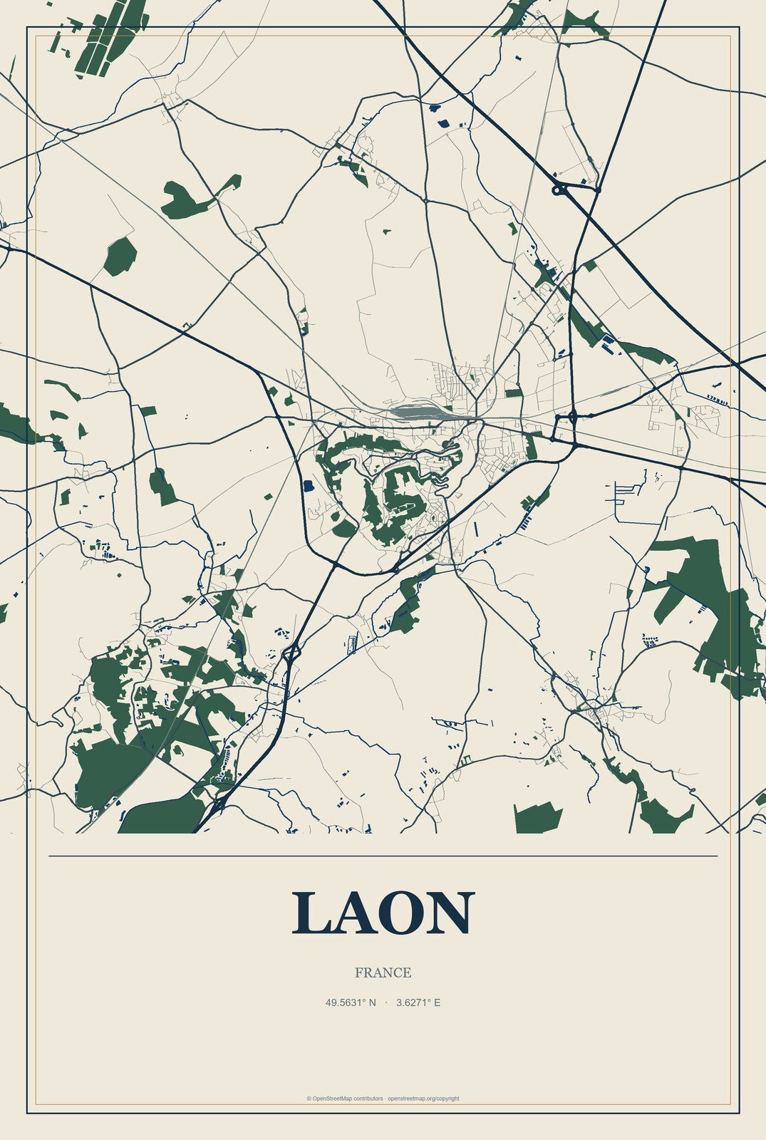 Laon, France City Map Aluminum Sign in Coastal Cutout style