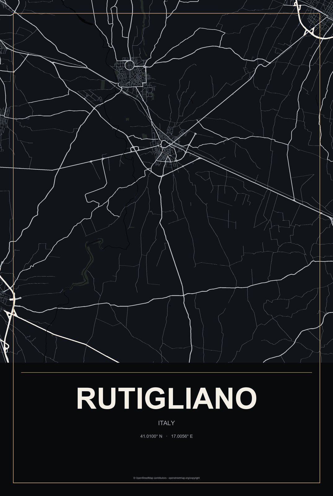 Rutigliano, Italy City Map Aluminum Sign in Metropolitan Noir style