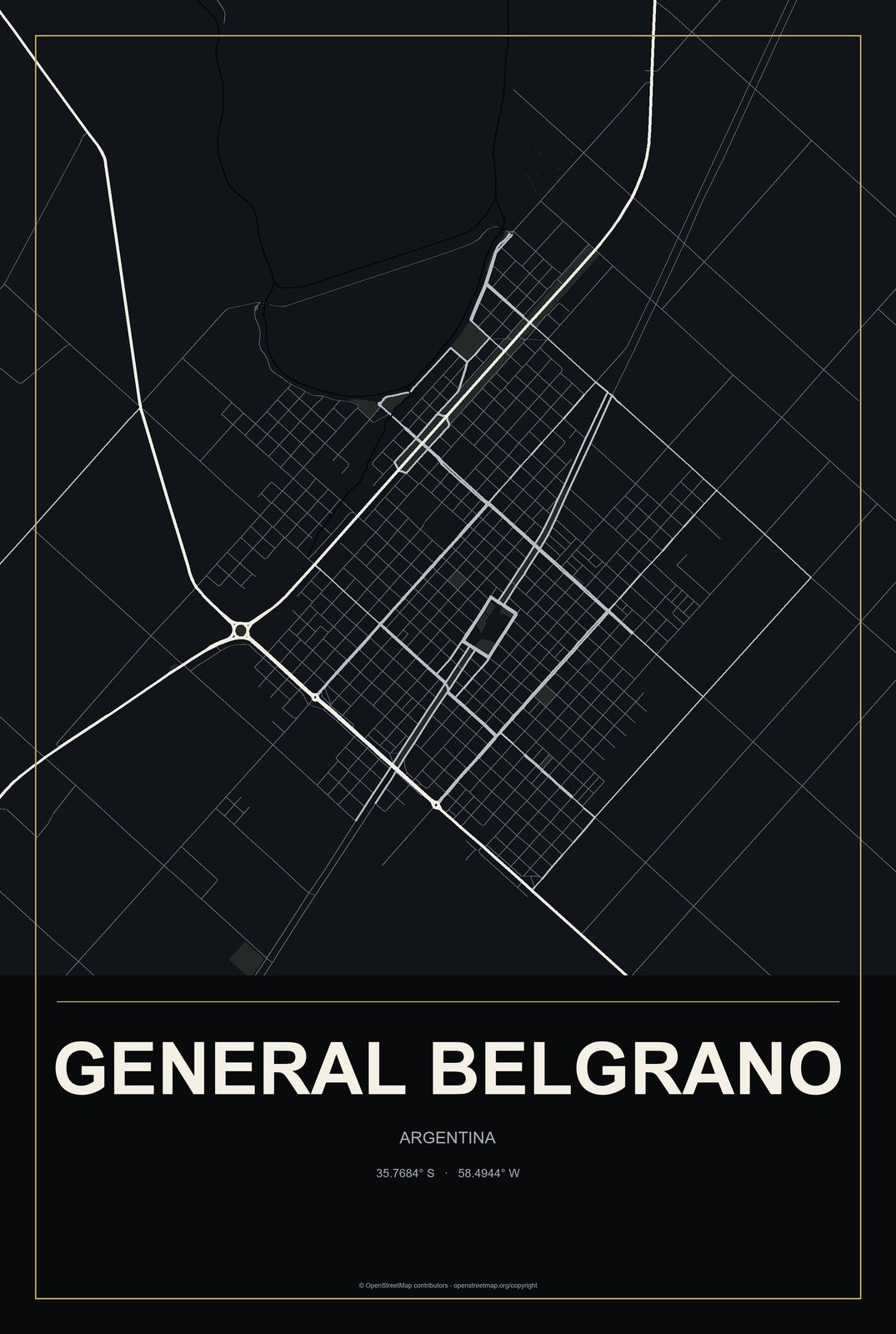 General Belgrano, Argentina City Map Aluminum Sign in Metropolitan Noir style