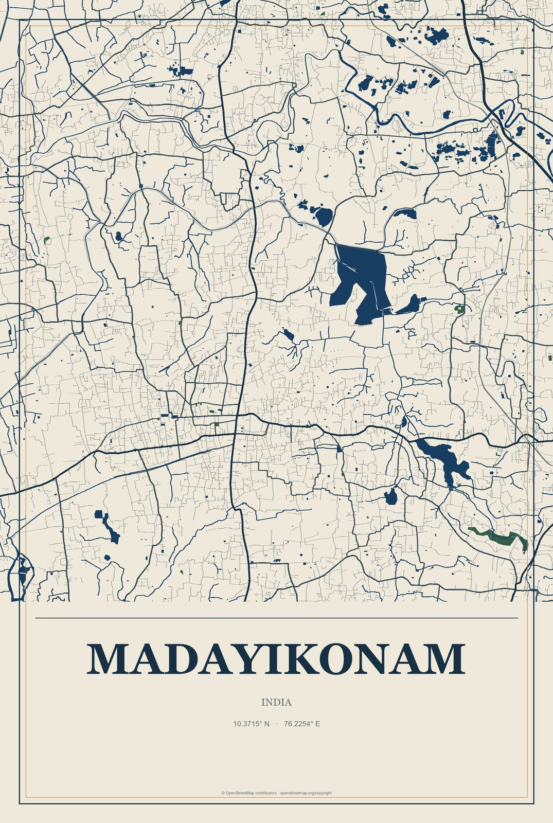 Madayikonam, India City Map Aluminum Sign in Coastal Cutout style