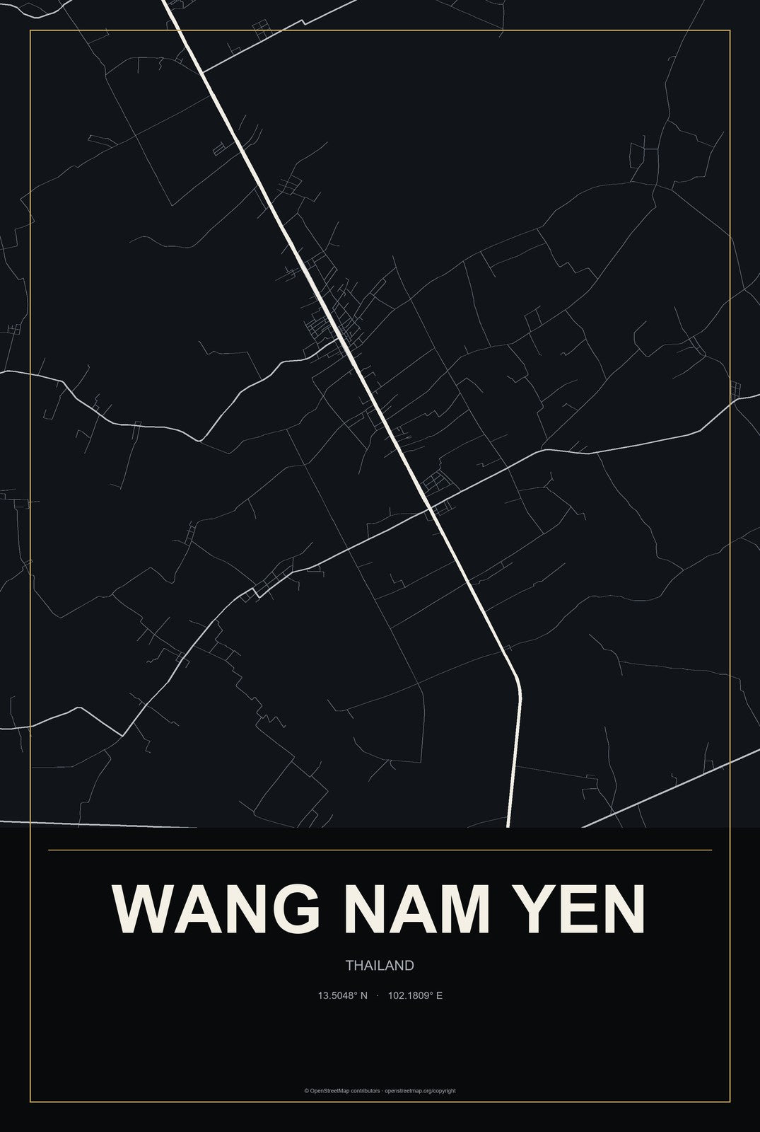 Wang Nam Yen, Thailand City Map Aluminum Sign in Metropolitan Noir style