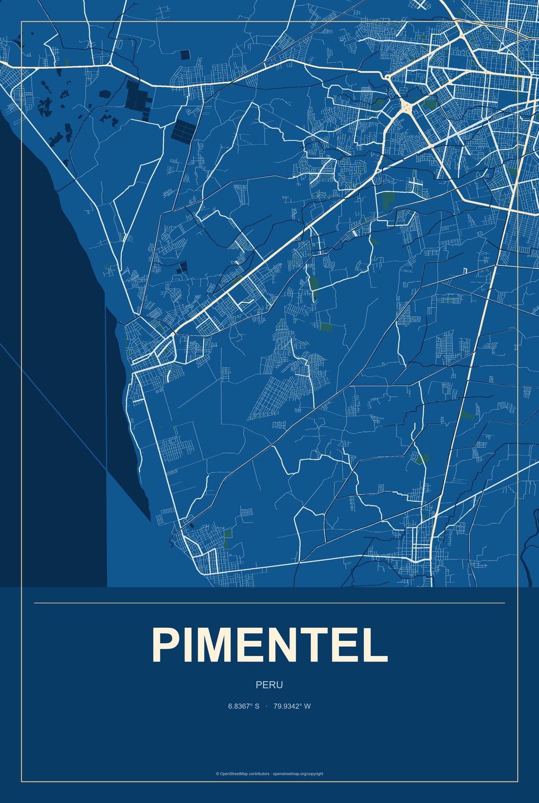 Pimentel, Peru City Map Aluminum Sign in Harbor Cobalt style