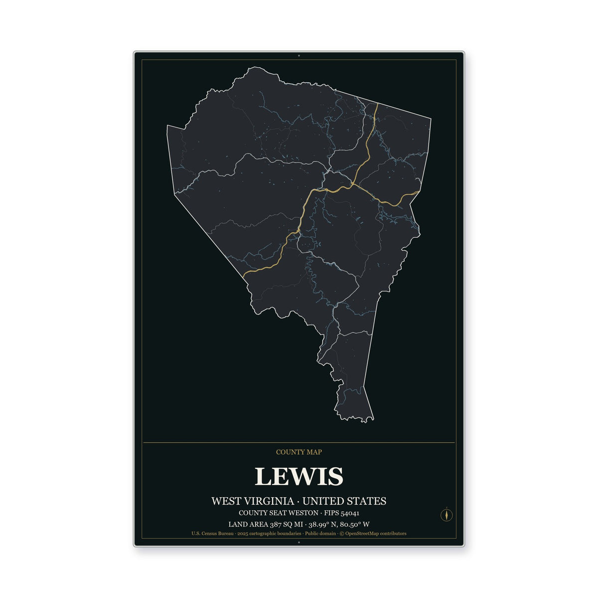 Lewis County, West Virginia Map Aluminum Sign in Metropolitan Noir style