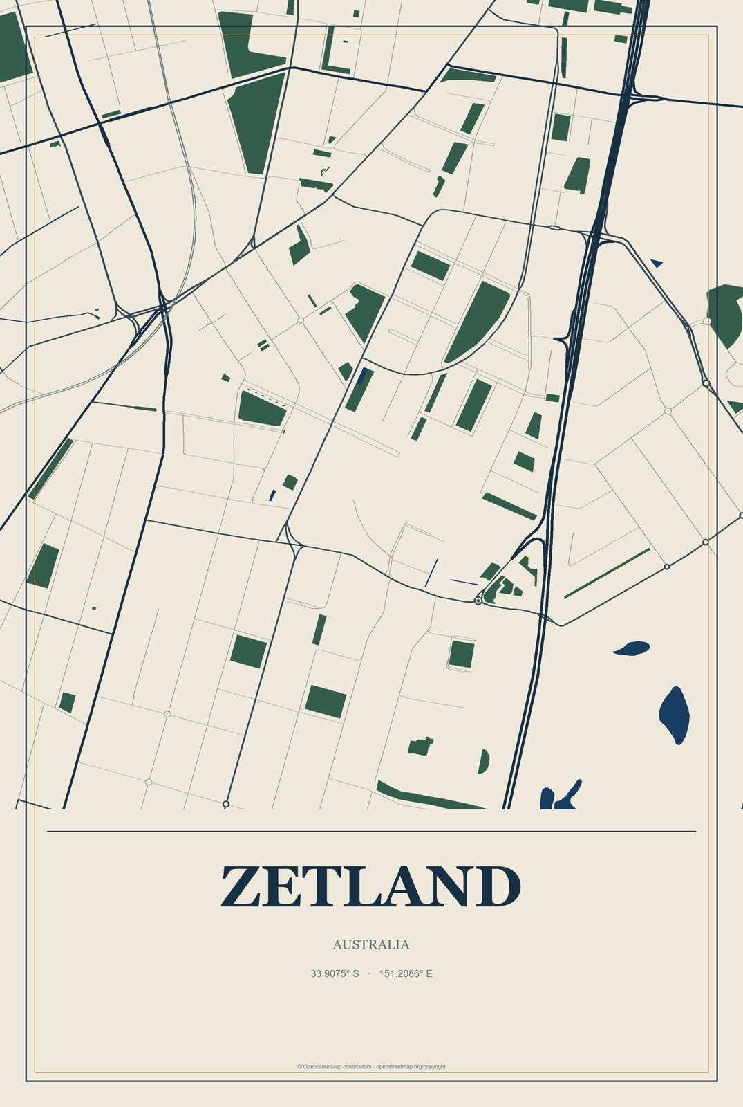 Zetland, Australia City Map Aluminum Sign in Coastal Cutout style