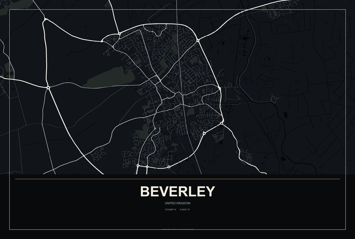 Beverley, United Kingdom City Map Aluminum Sign in Metropolitan Noir style