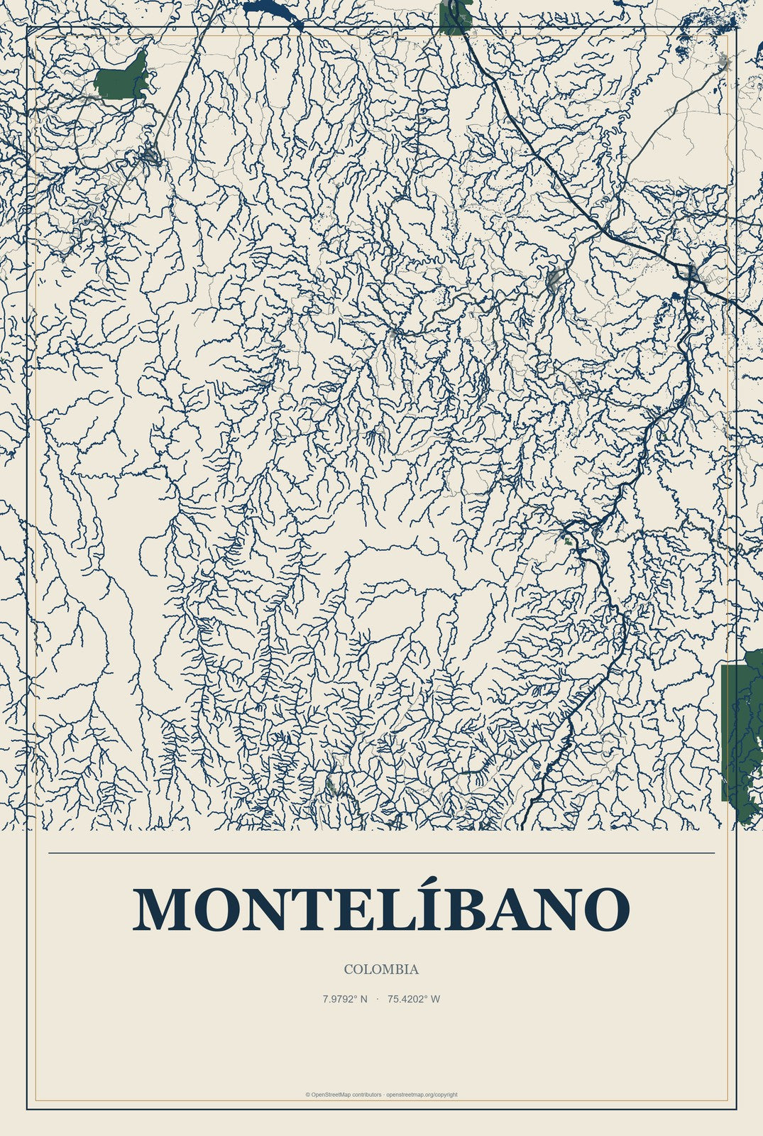 Montelíbano, Colombia City Map Aluminum Sign in Coastal Cutout style