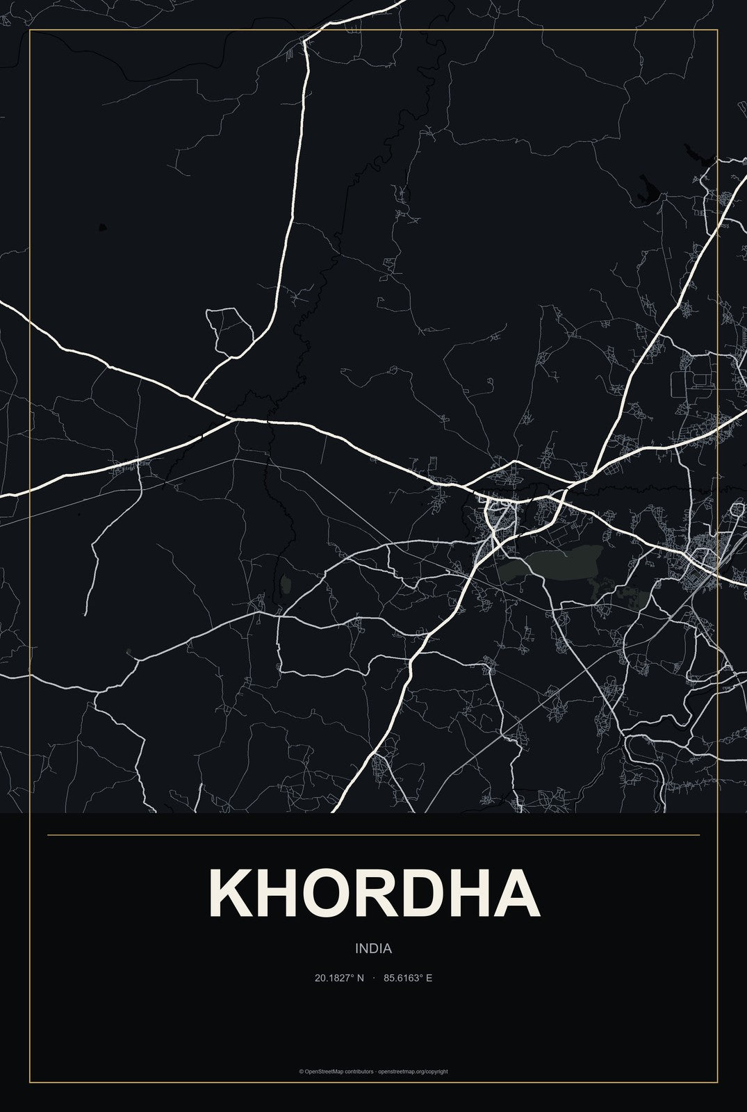 Khordha, India City Map Aluminum Sign in Metropolitan Noir style