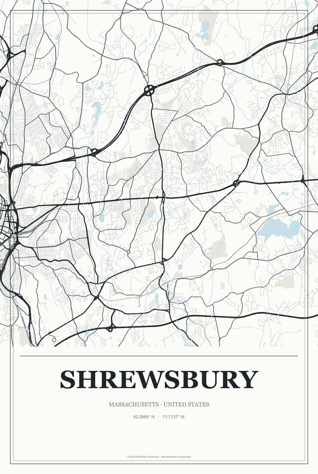 Shrewsbury, Massachusetts City Map Aluminum Sign in Gallery Air style