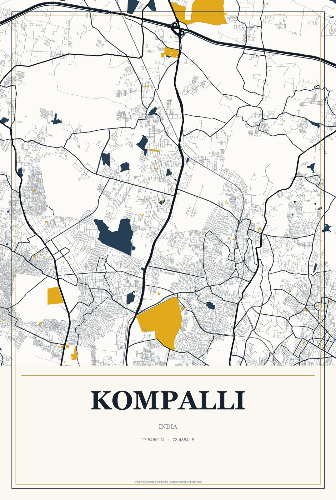 Kompalli, India City Map Aluminum Sign in Citrine Modern style