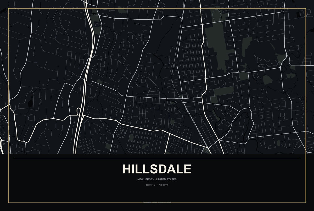 Hillsdale, New Jersey City Map Aluminum Sign in Metropolitan Noir style