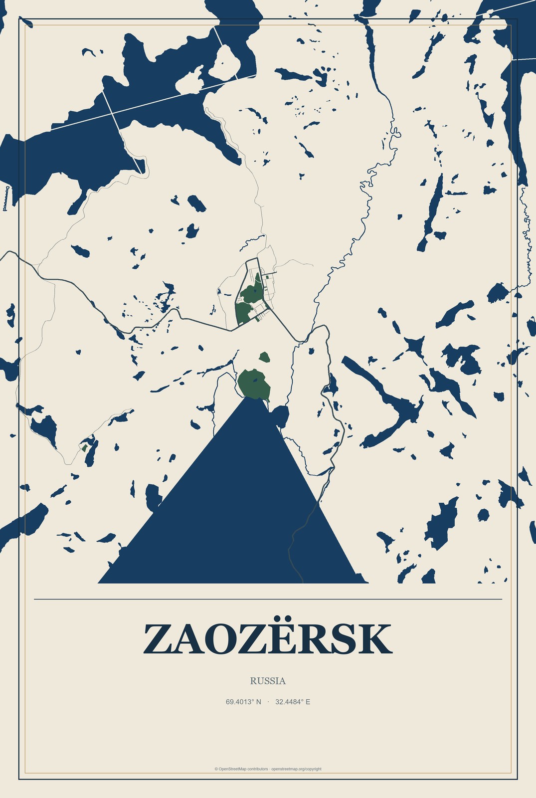 Zaozërsk, Russia City Map Aluminum Sign in Coastal Cutout style