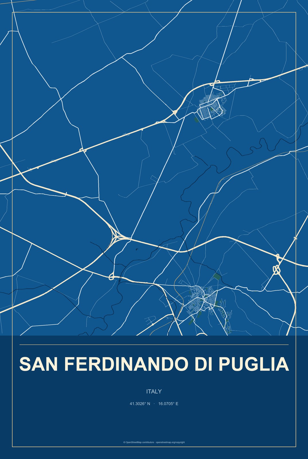 San Ferdinando di Puglia, Italy City Map Aluminum Sign in Harbor Cobalt style