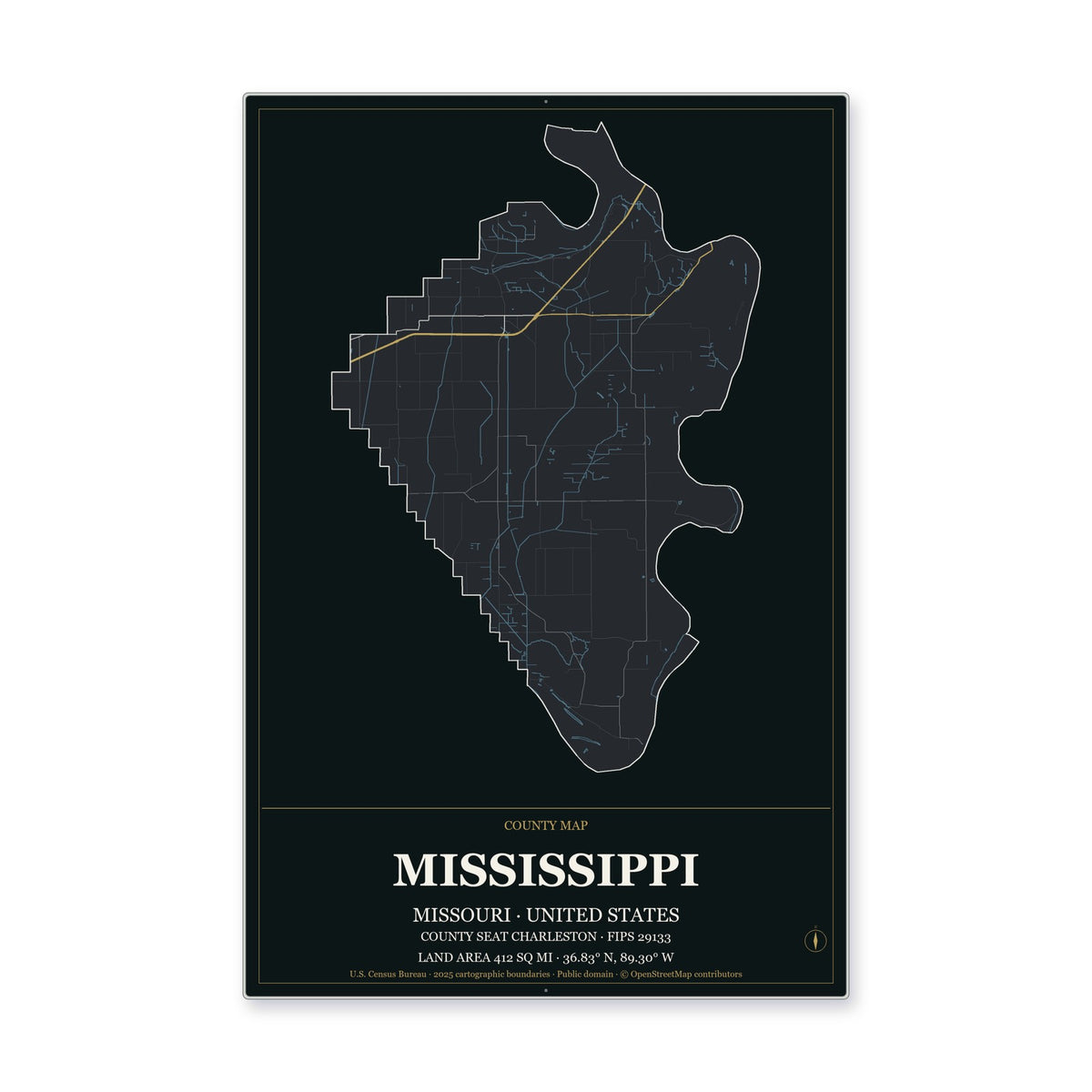 Mississippi County, Missouri Map Aluminum Sign in Metropolitan Noir style