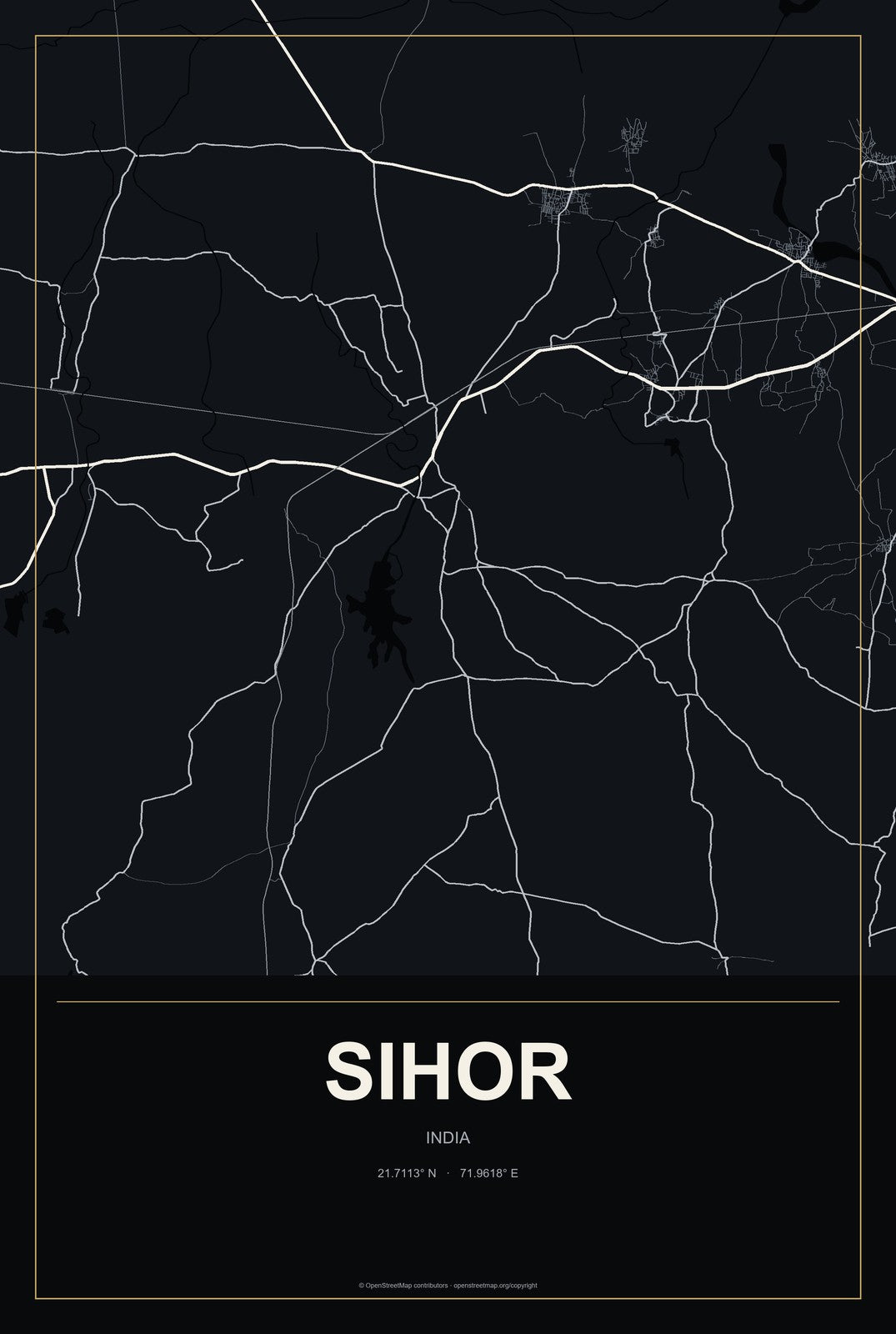 Sihor, India City Map Aluminum Sign in Metropolitan Noir style