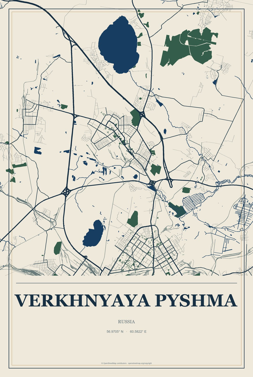 Verkhnyaya Pyshma, Russia City Map Aluminum Sign in Coastal Cutout style