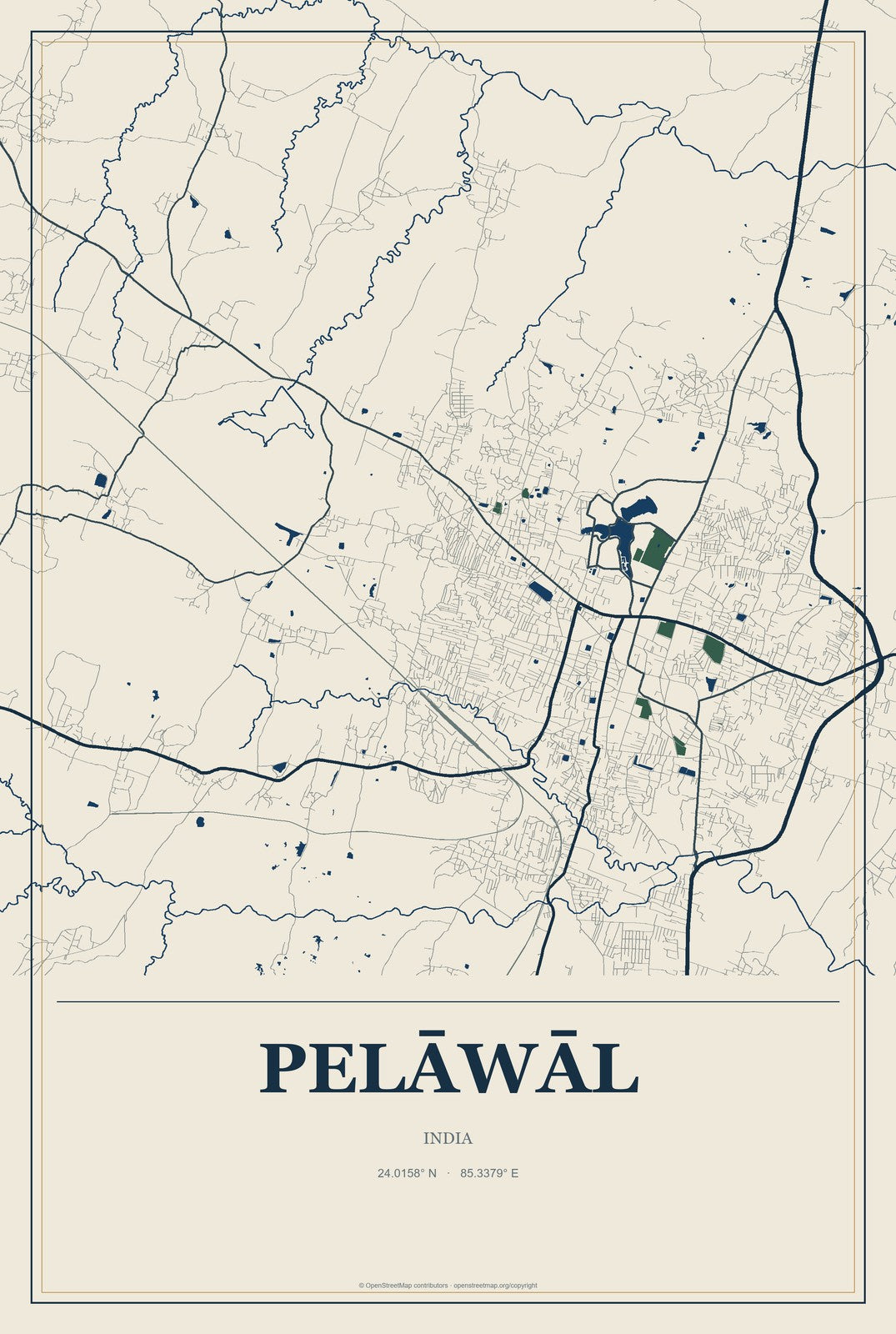 Pelāwāl, India City Map Aluminum Sign in Coastal Cutout style