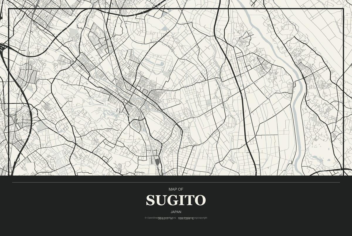 Sugito, Japan City Map Aluminum Sign in Museum Plaque style