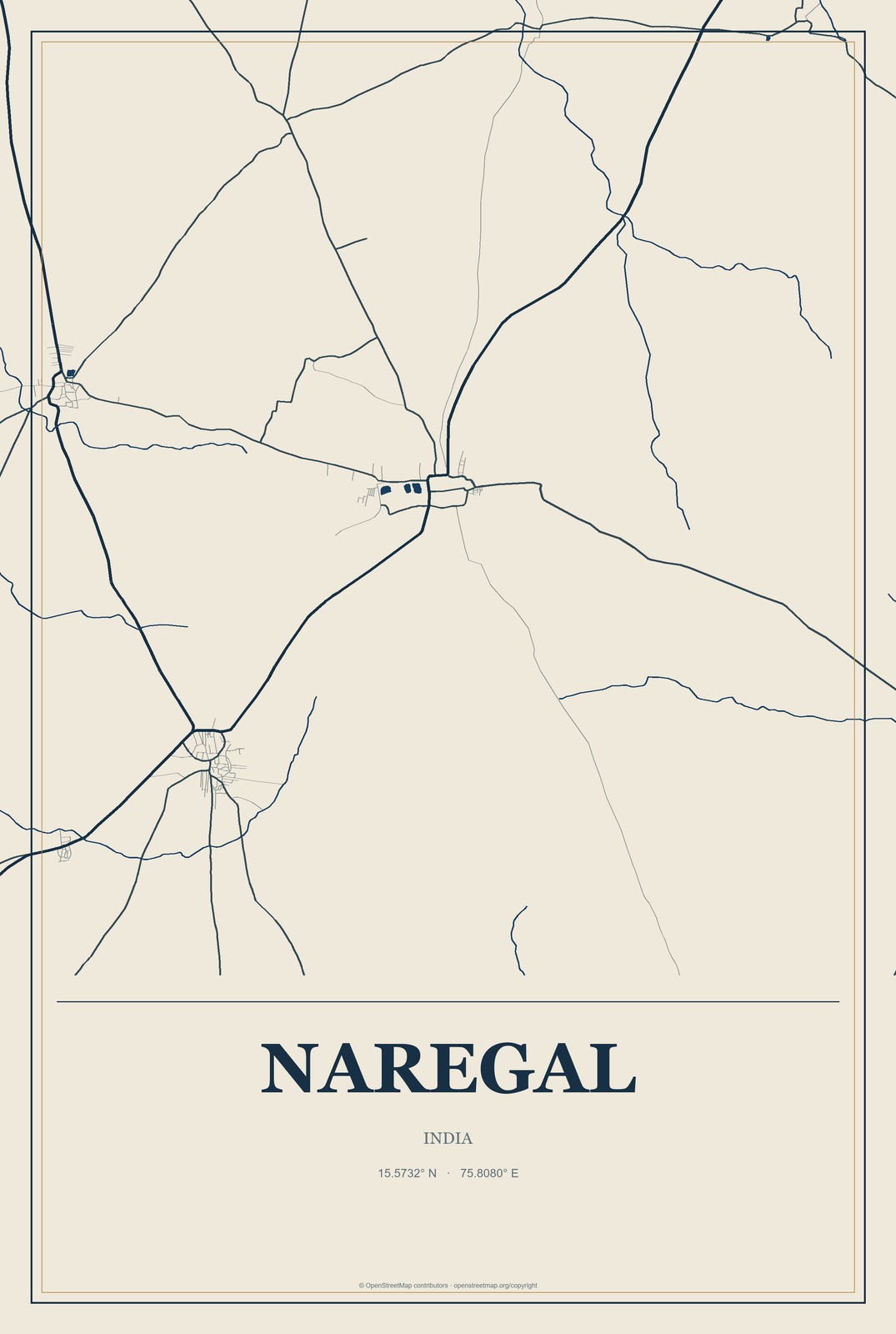 Naregal, India City Map Aluminum Sign in Coastal Cutout style