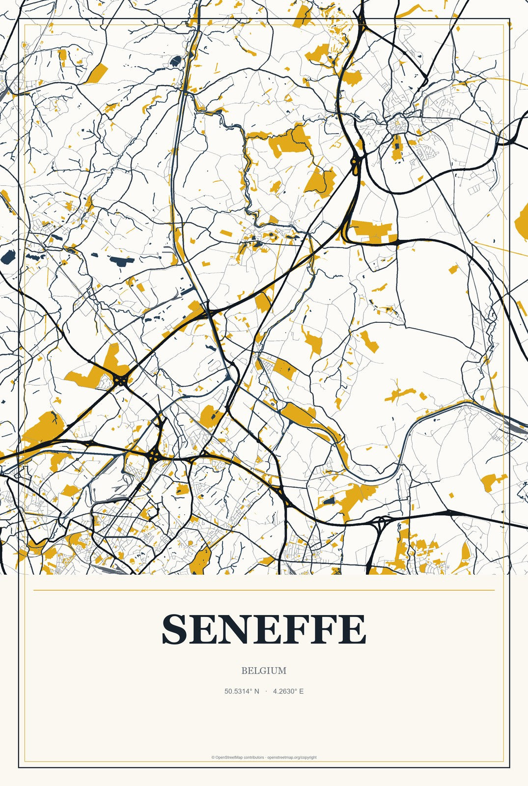 Seneffe, Belgium City Map Aluminum Sign in Citrine Modern style