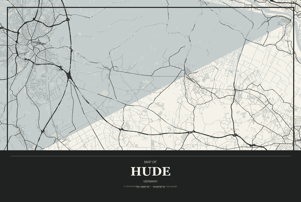 Hude, Germany City Map Aluminum Sign in Museum Plaque style