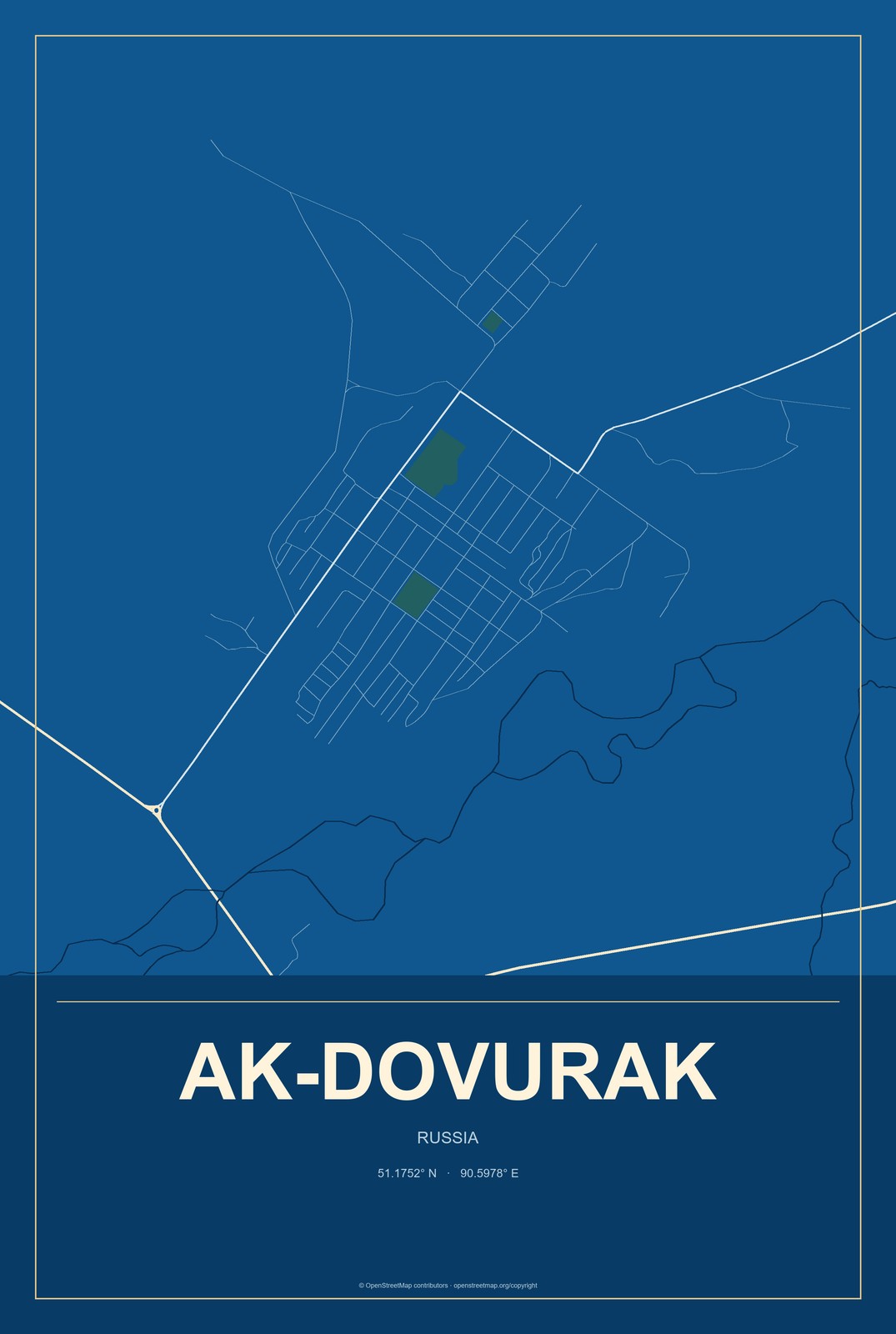 Ak-Dovurak, Russia City Map Aluminum Sign in Harbor Cobalt style
