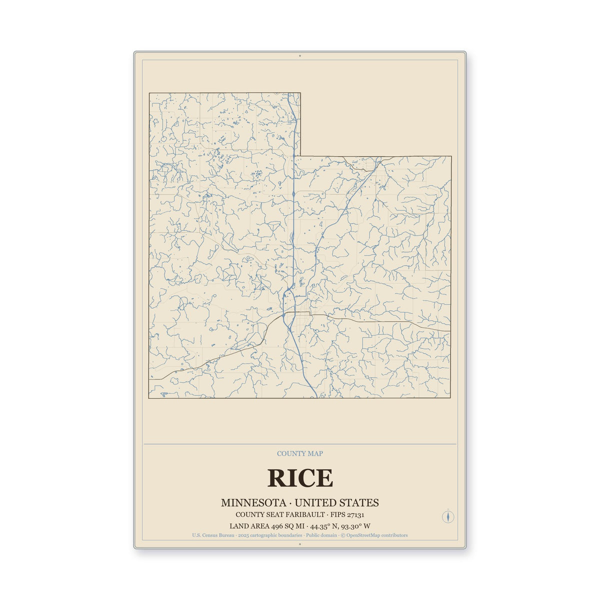 Rice County, Minnesota Map Aluminum Sign in Heritage Nautical style