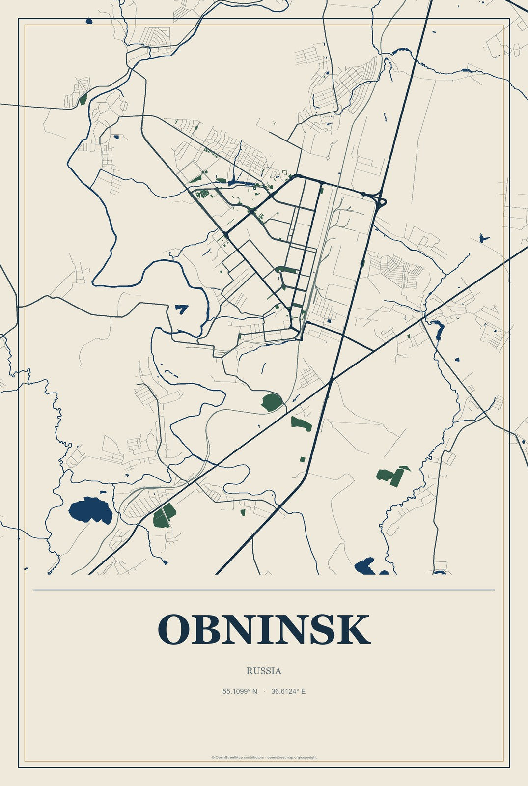 Obninsk, Russia City Map Aluminum Sign in Coastal Cutout style