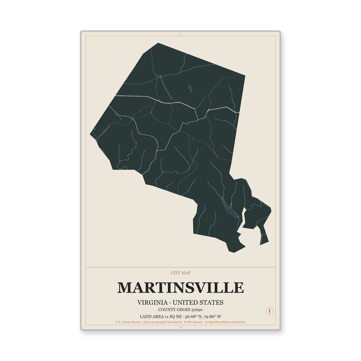 Martinsville city, Virginia Map Aluminum Sign in Headline Atlas style