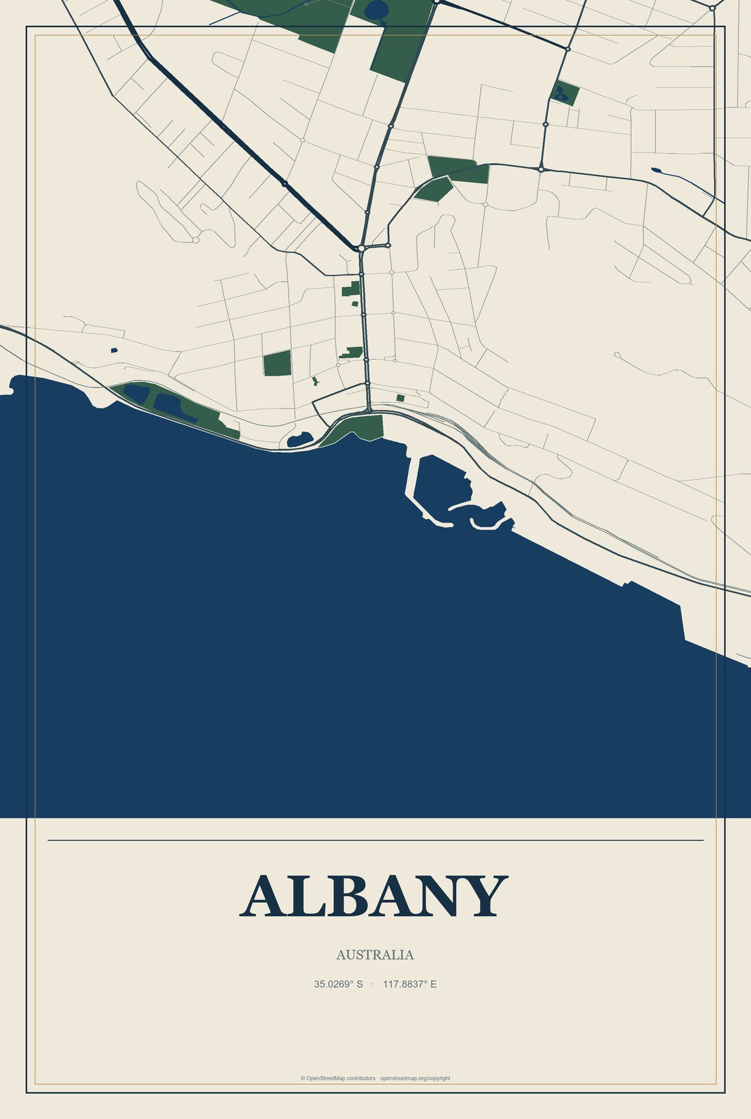 Albany, Australia City Map Aluminum Sign in Coastal Cutout style