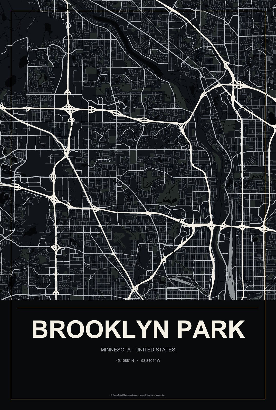 Brooklyn Park, Minnesota City Map Aluminum Sign in Metropolitan Noir style