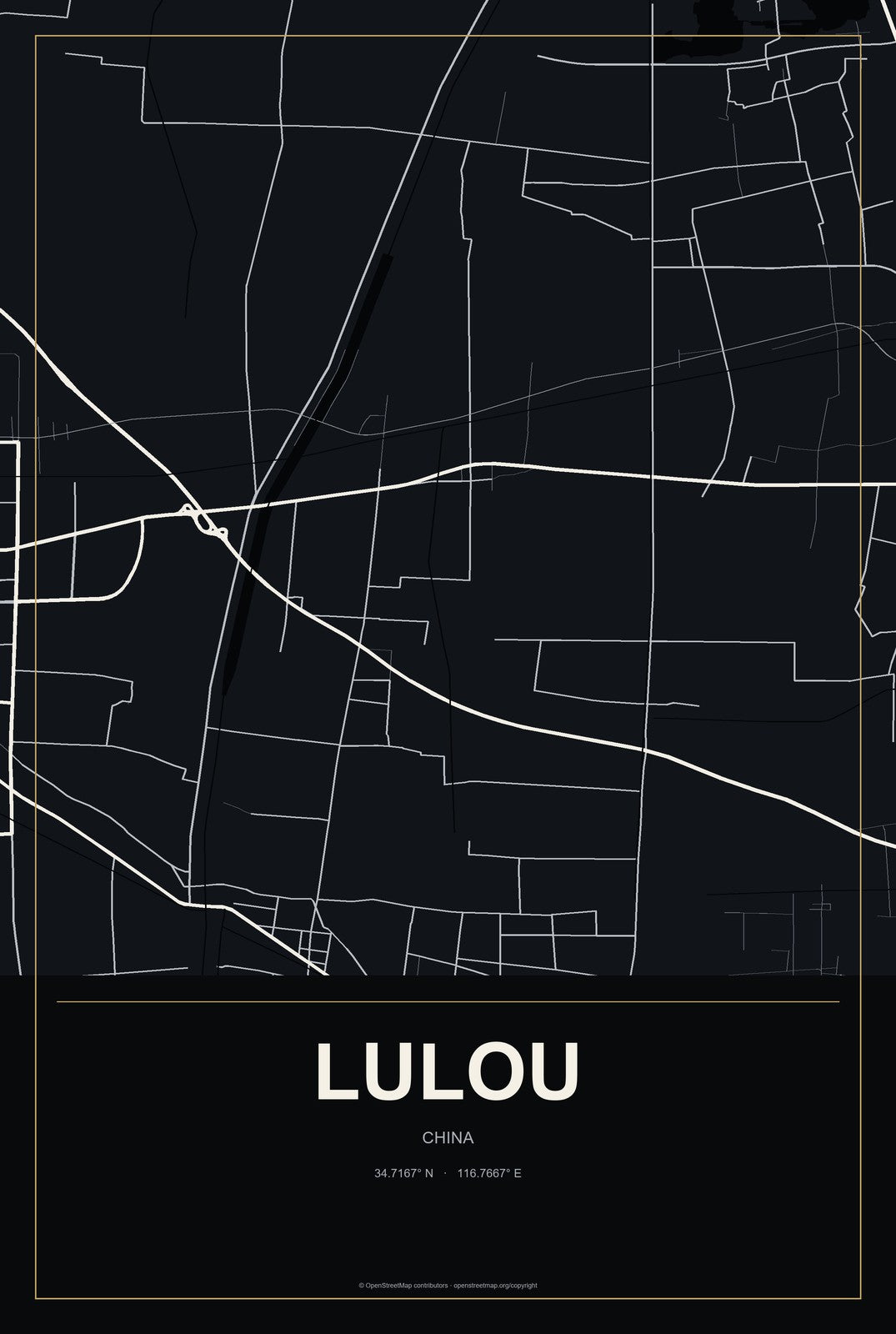 Lulou, China City Map Aluminum Sign in Metropolitan Noir style