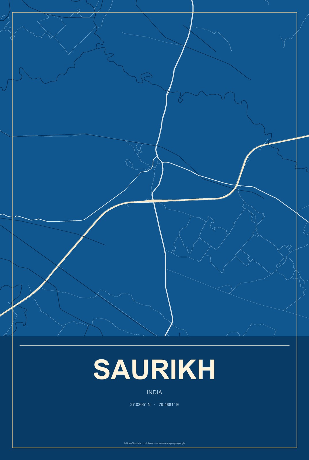 Saurikh, India City Map Aluminum Sign in Harbor Cobalt style