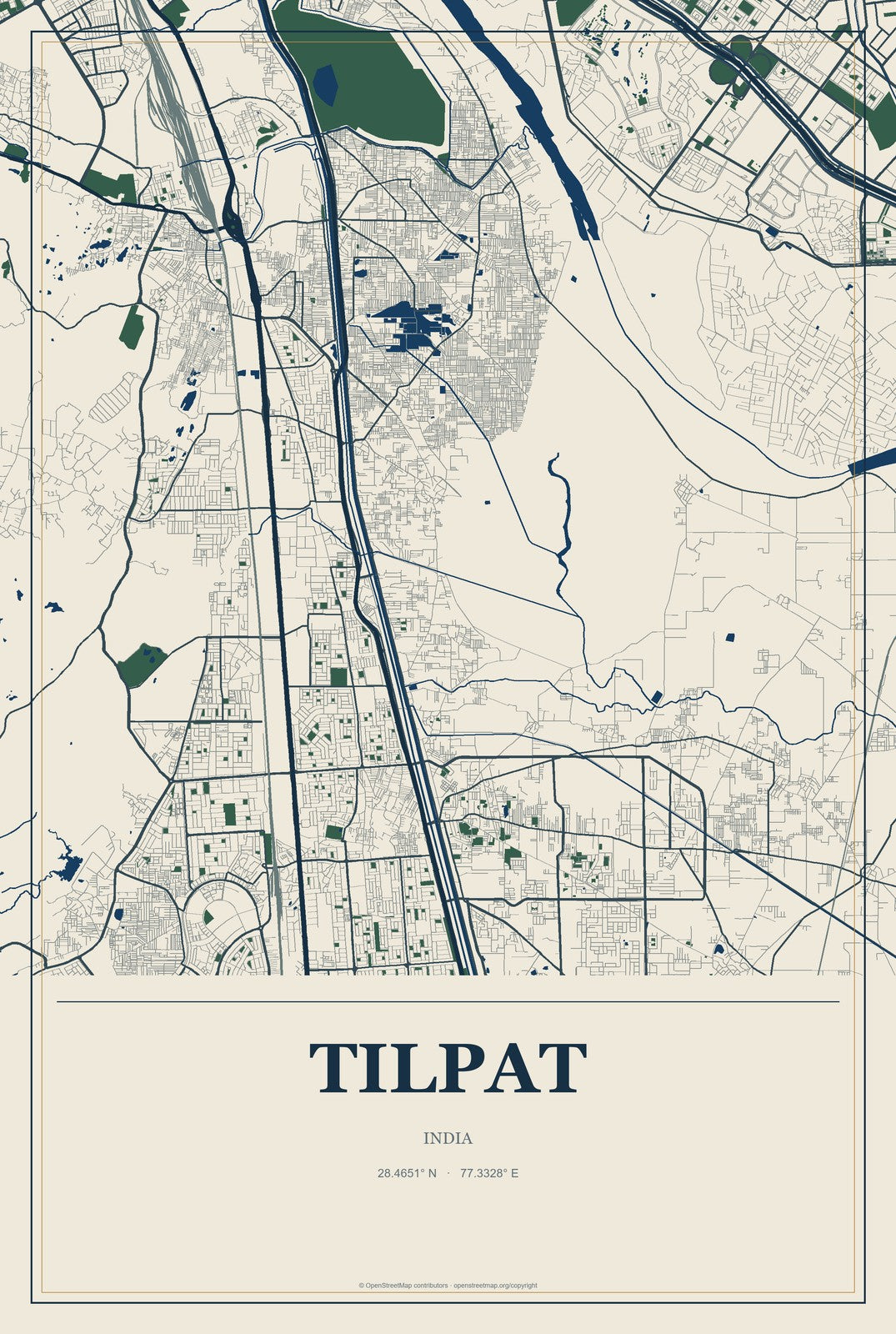 Tilpat, India City Map Aluminum Sign in Coastal Cutout style