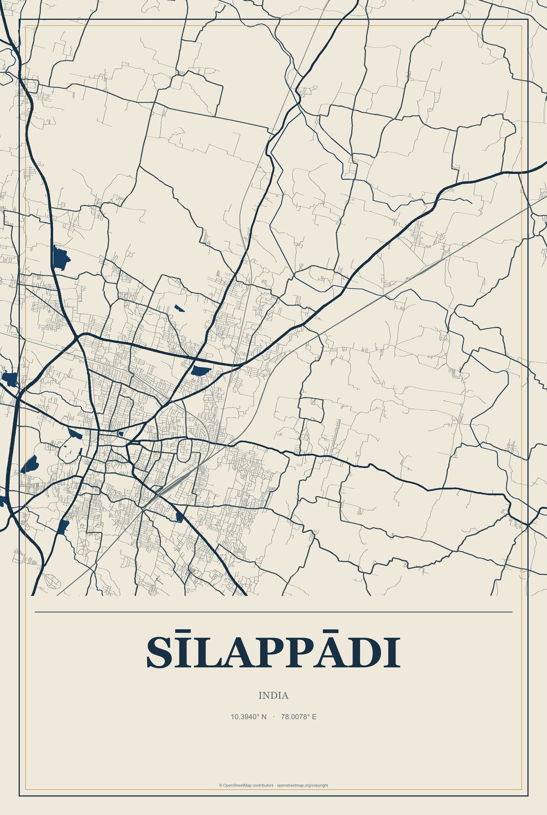 Sīlappādi, India City Map Aluminum Sign in Coastal Cutout style