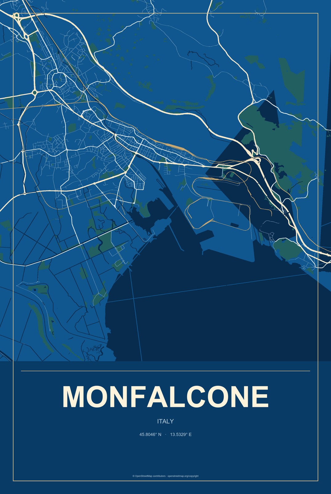 Monfalcone, Italy City Map Aluminum Sign in Harbor Cobalt style