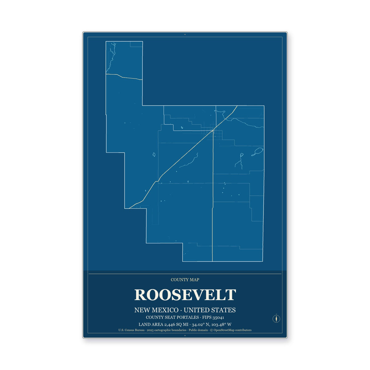 Roosevelt County, New Mexico Map Aluminum Sign in Harbor Cobalt style