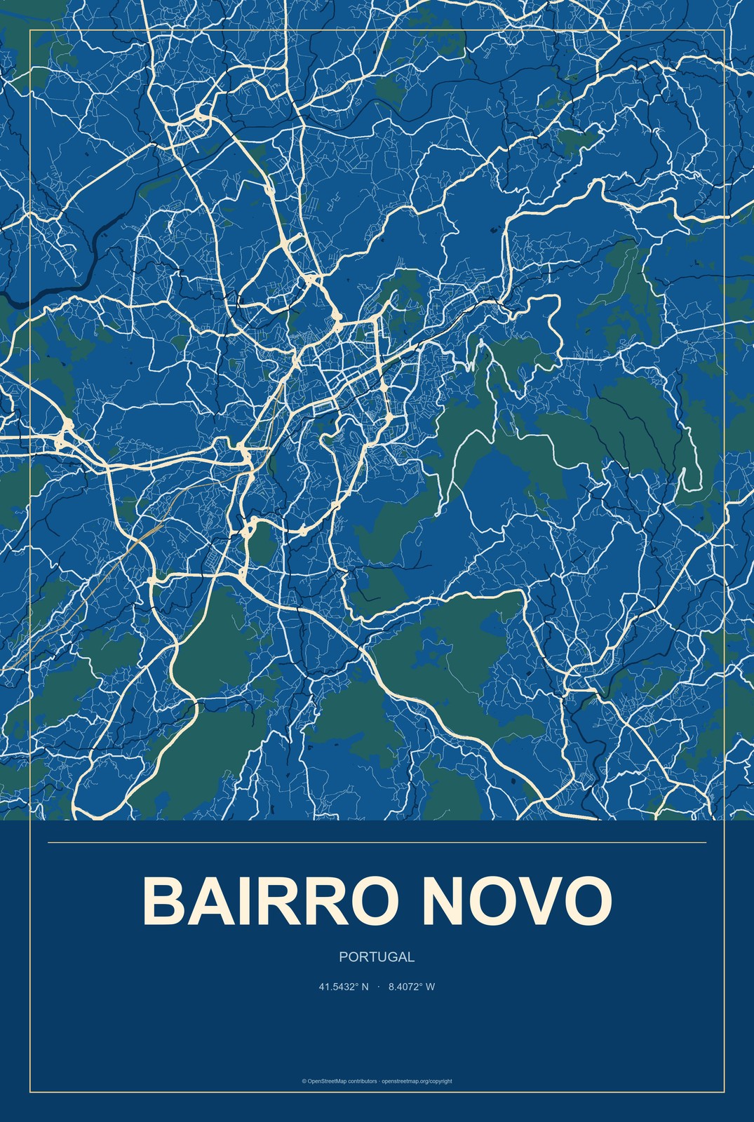 Bairro Novo, Portugal City Map Aluminum Sign in Harbor Cobalt style