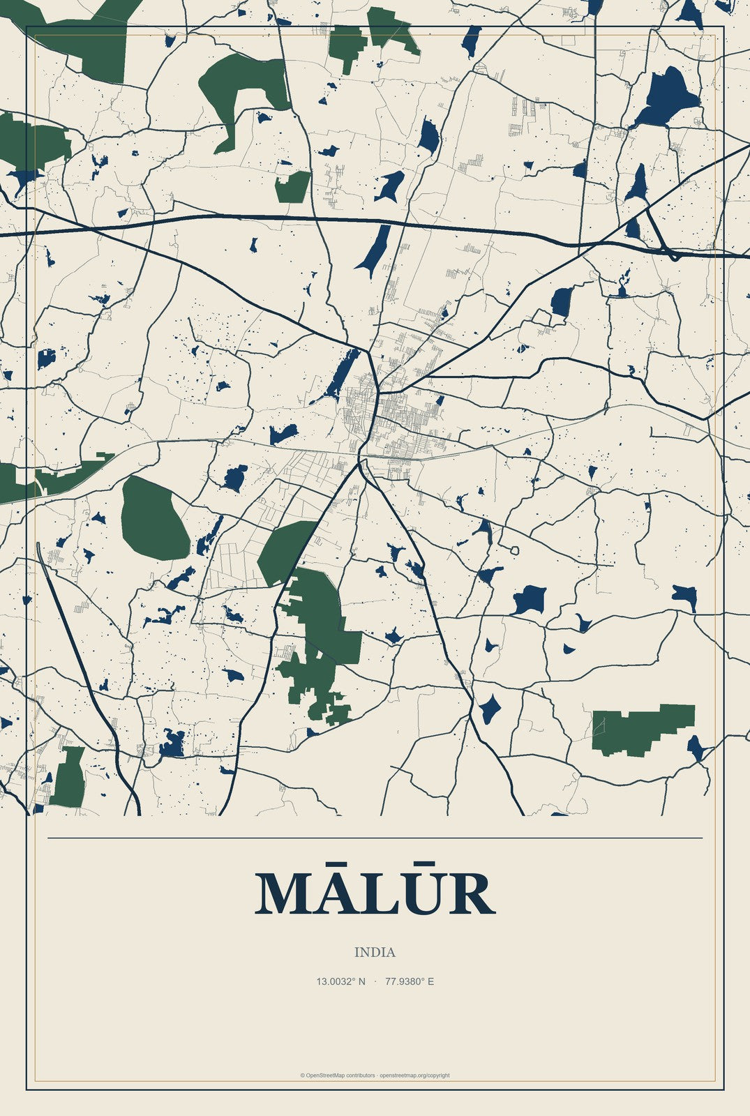 Mālūr, India City Map Aluminum Sign in Coastal Cutout style
