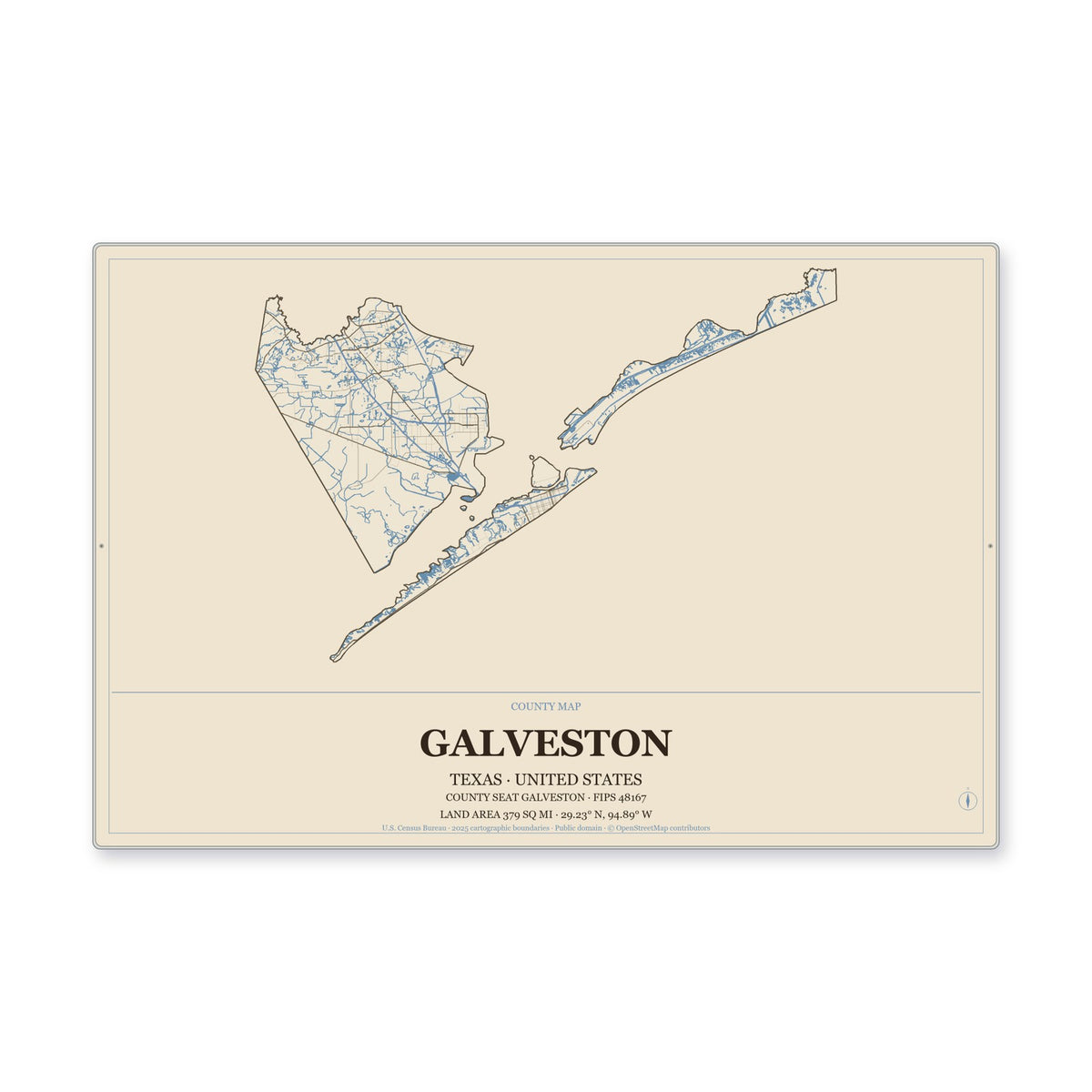 Galveston County, Texas Map Aluminum Sign in Heritage Nautical style