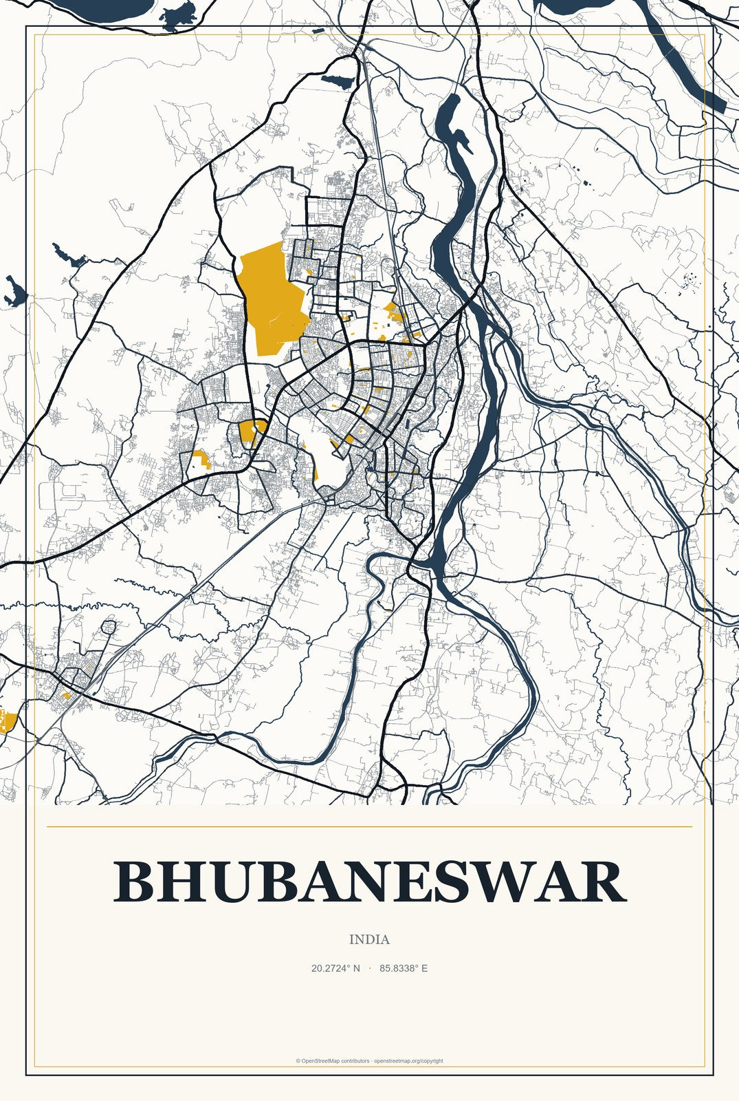 Bhubaneswar, India City Map Aluminum Sign in Citrine Modern style