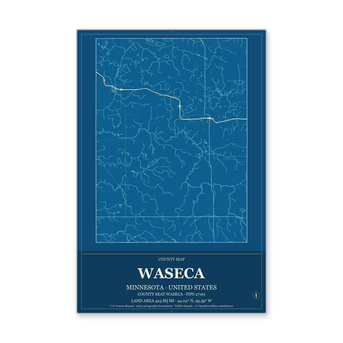 Waseca County, Minnesota Map Aluminum Sign in Harbor Cobalt style