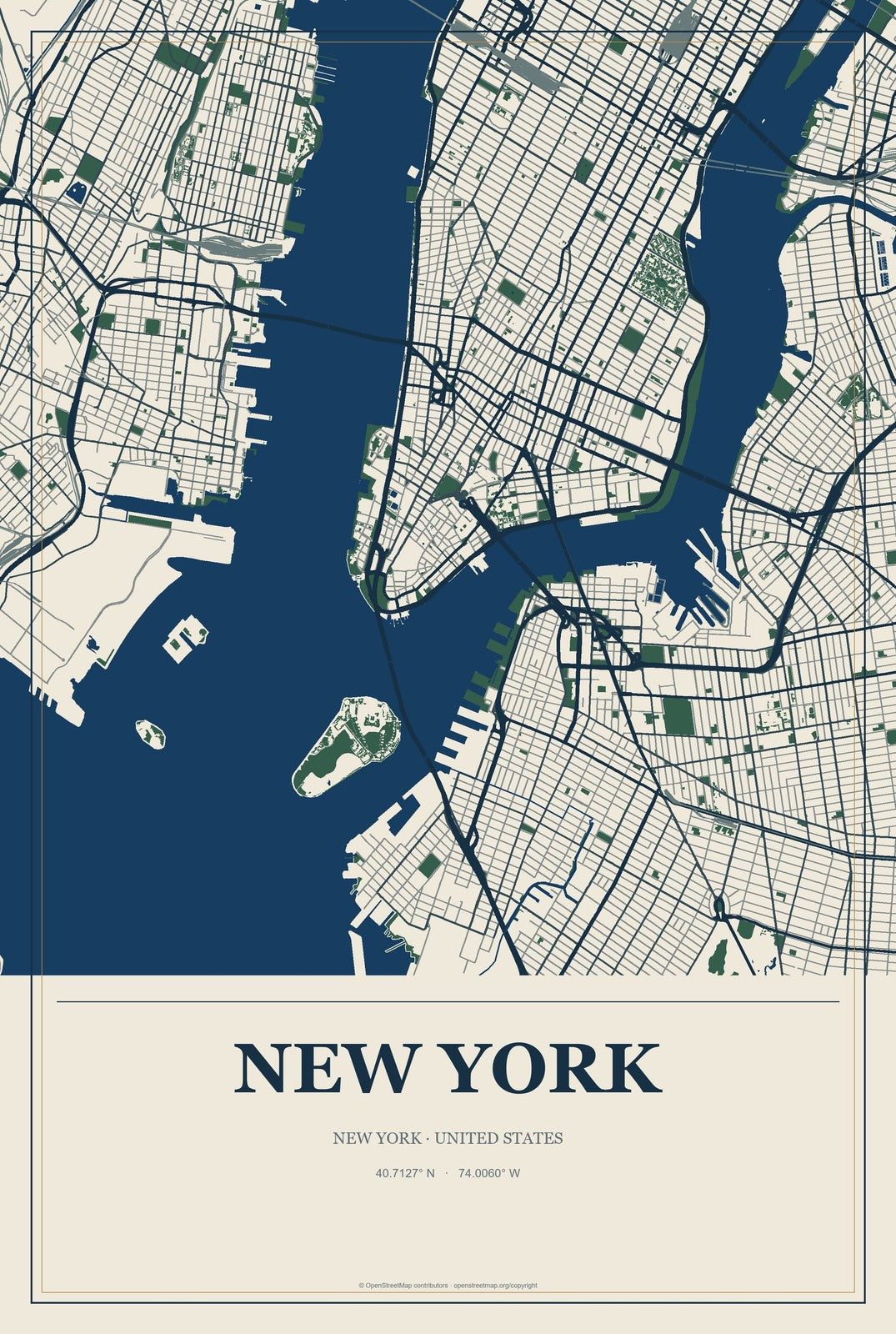 New York, New York City Map Aluminum Sign in Coastal Cutout style